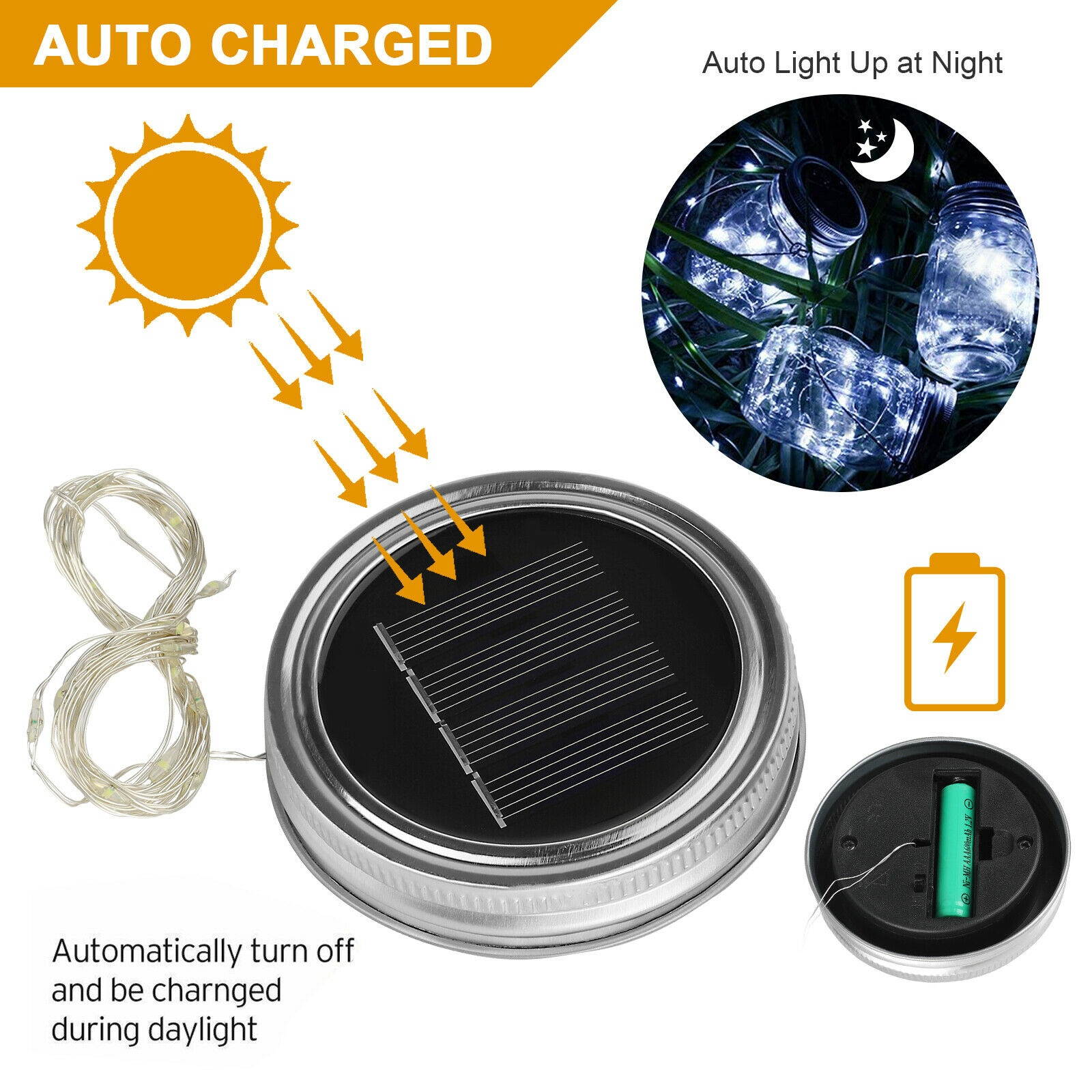 Solar Power Mason Jar Lid Lights Set 10/20 LED Fairy String Lights Garden Decor