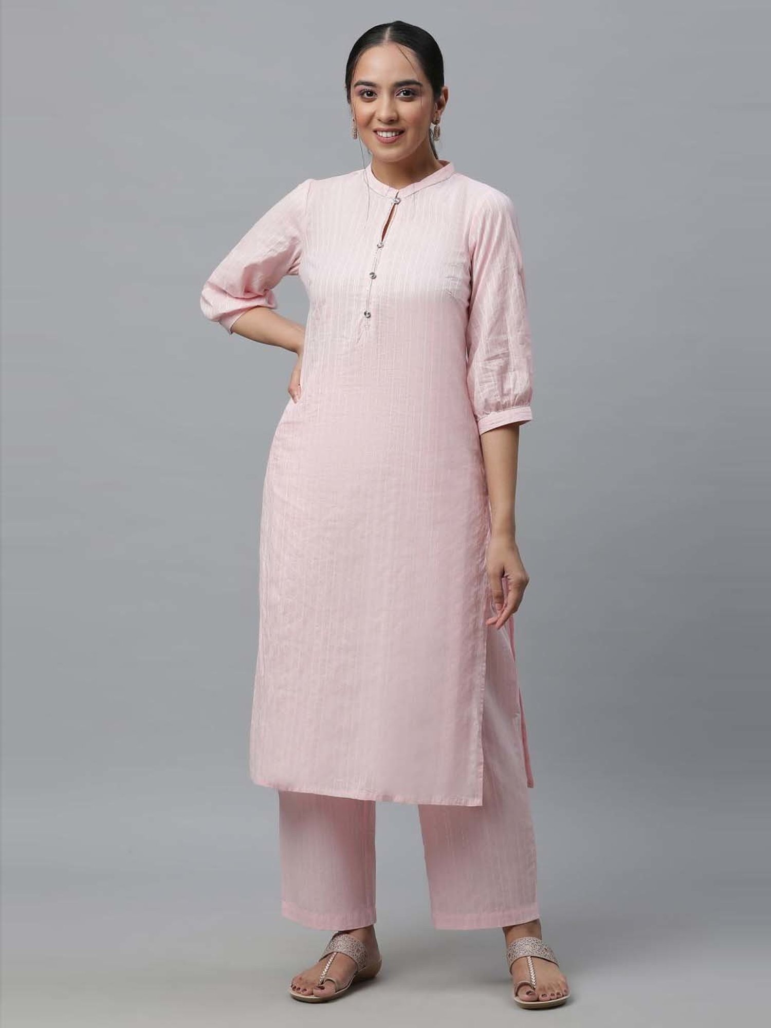 Aurelia Pink Cotton Striped Kurta Palazzo Set