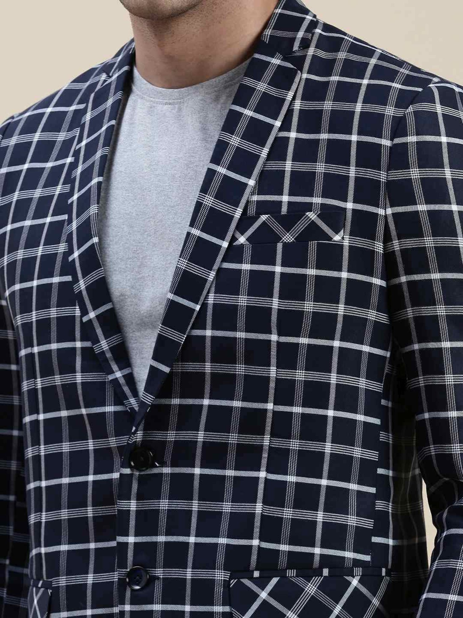 SHOWOFF Navy Blue Slim Fit Checks Blazer