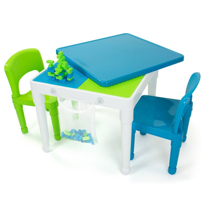 Kids' 2 in 1 Square Activity Table and Chair Set with 100pc Building Blocks White/Green/Blue - Humble Crew