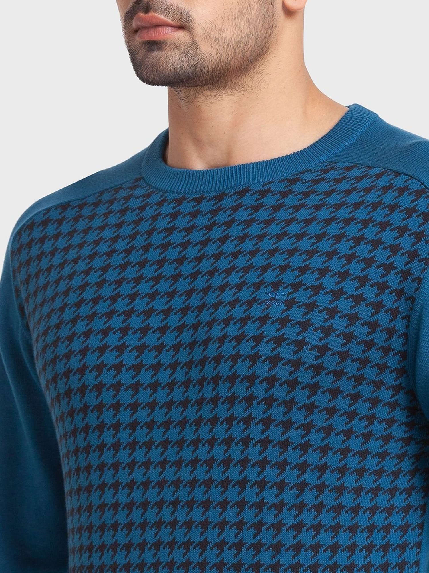 ColorPlus Blue Cotton Tailored Fit Self Pattern Sweaters