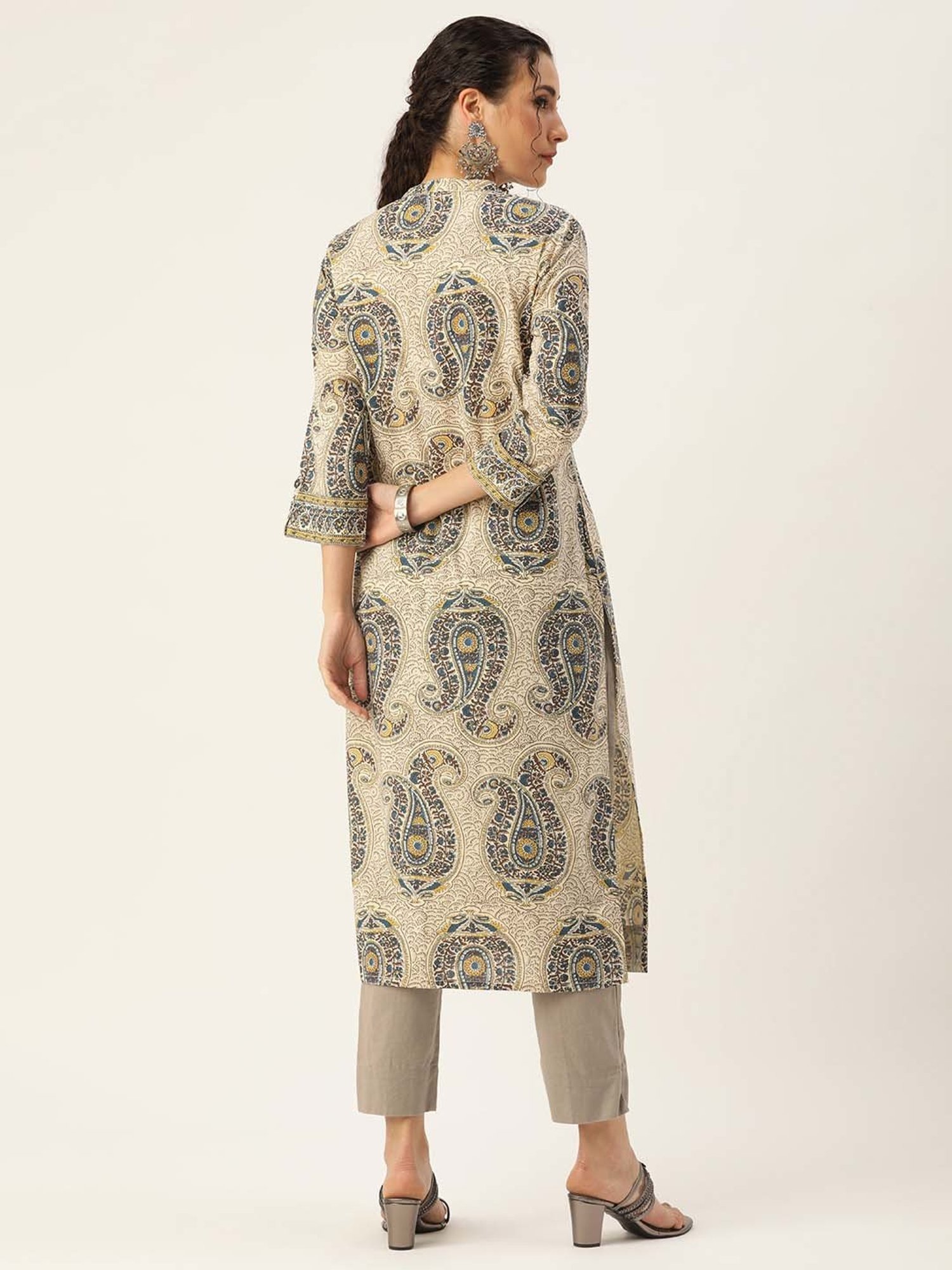 Amukti Beige Printed A Line Kurta