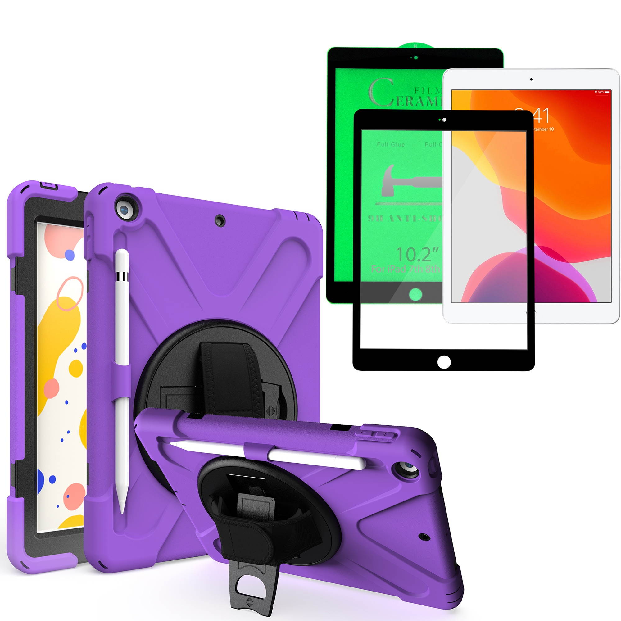 KIQ Shockproof Heavy Duty Shield Case with Impact/Crack/Shatter Resistant Ceramic Screen Protector for Apple iPad 10.2 7th 8th Gen (Purple)