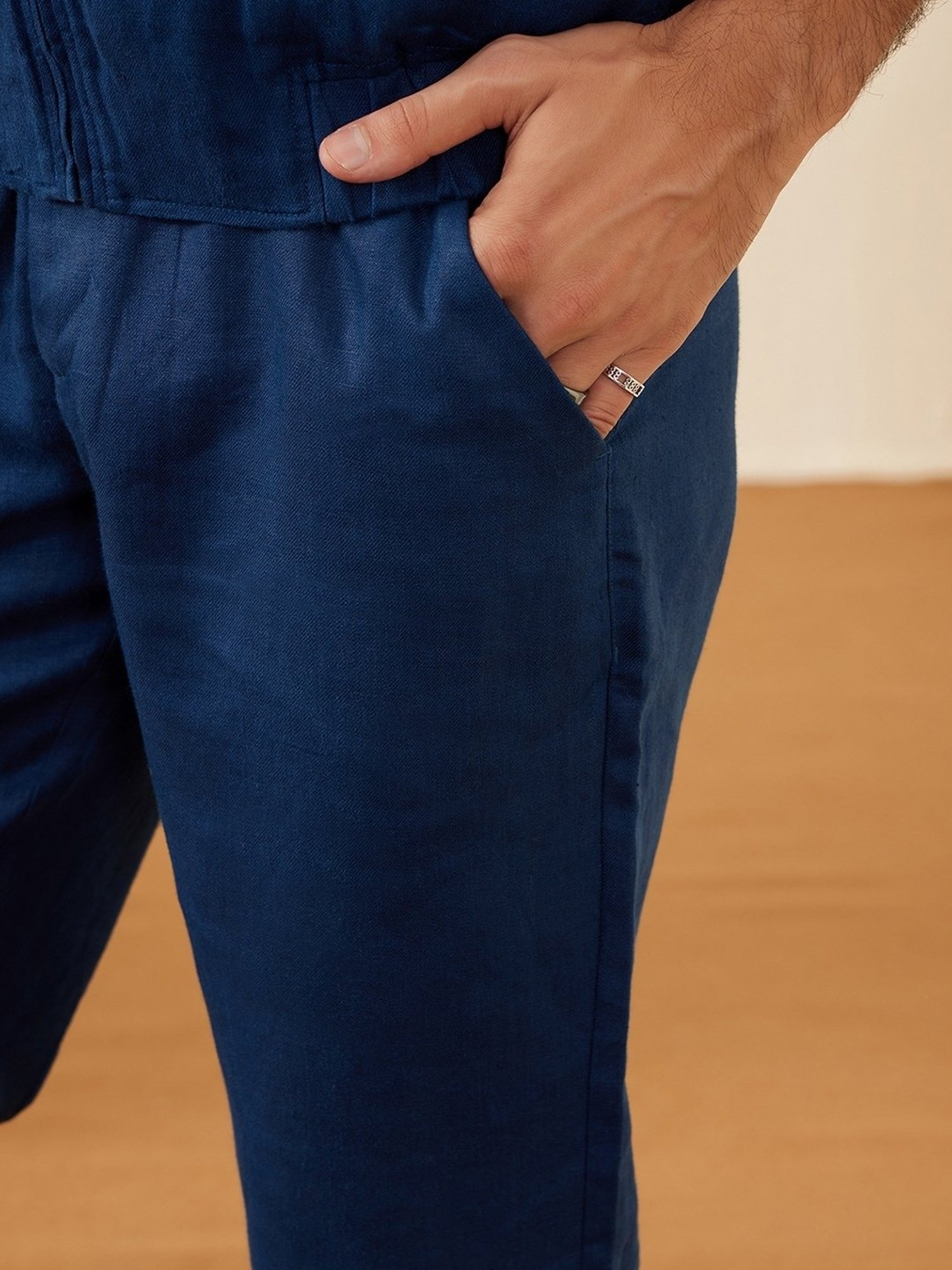 Andamen Navy Linen Regular Fit Solid Trousers