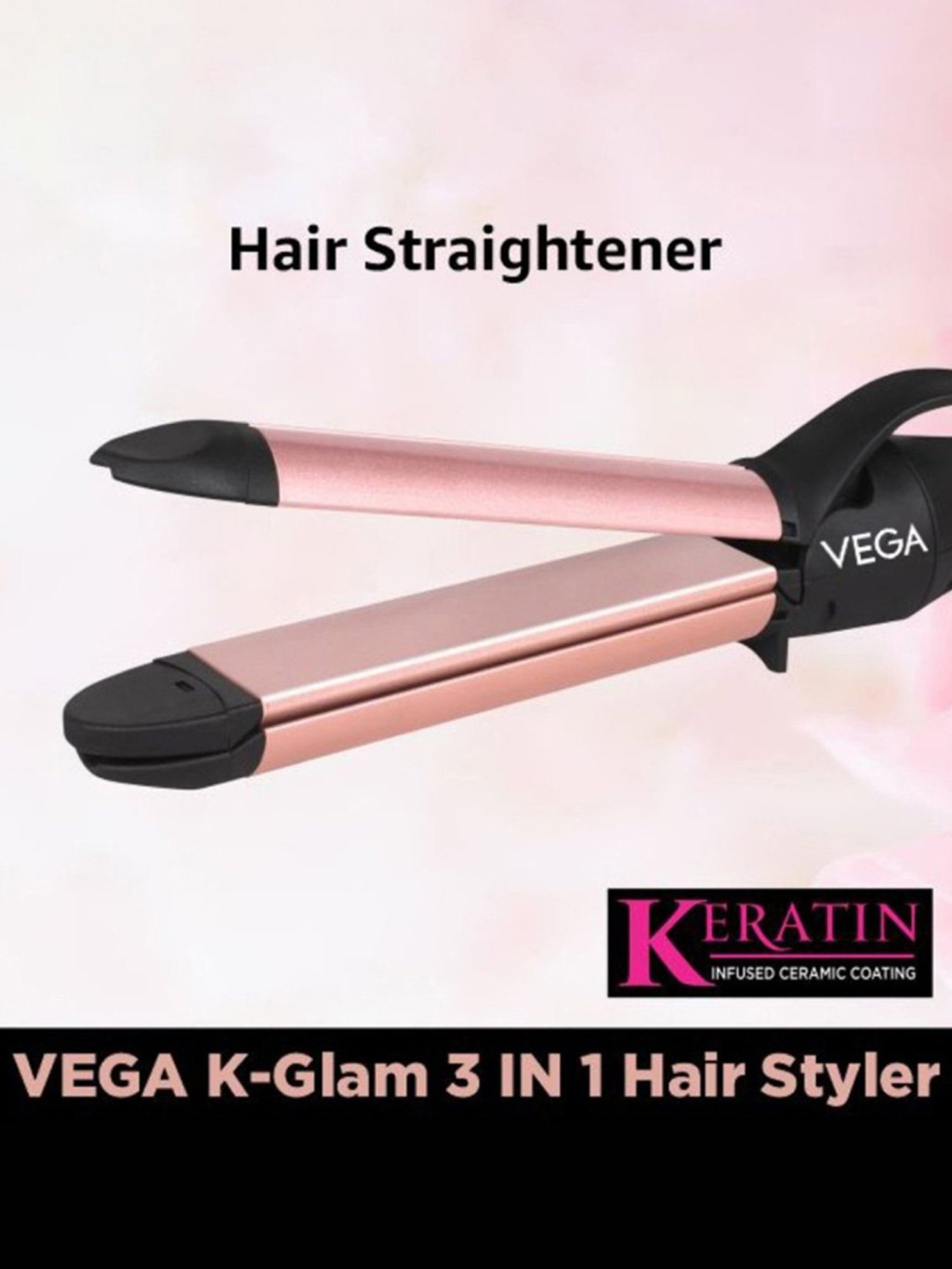 Vega K-Glam 3In1 Hair Styler - Straightener, Curler & Crimper (VHSCC-04, Rose Gold)