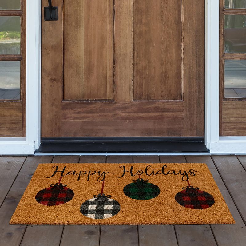 Farmhouse Living Happy Holidays Rustic Ornaments Coir Doormat - 18" x 30" - Elrene Home Fashions
