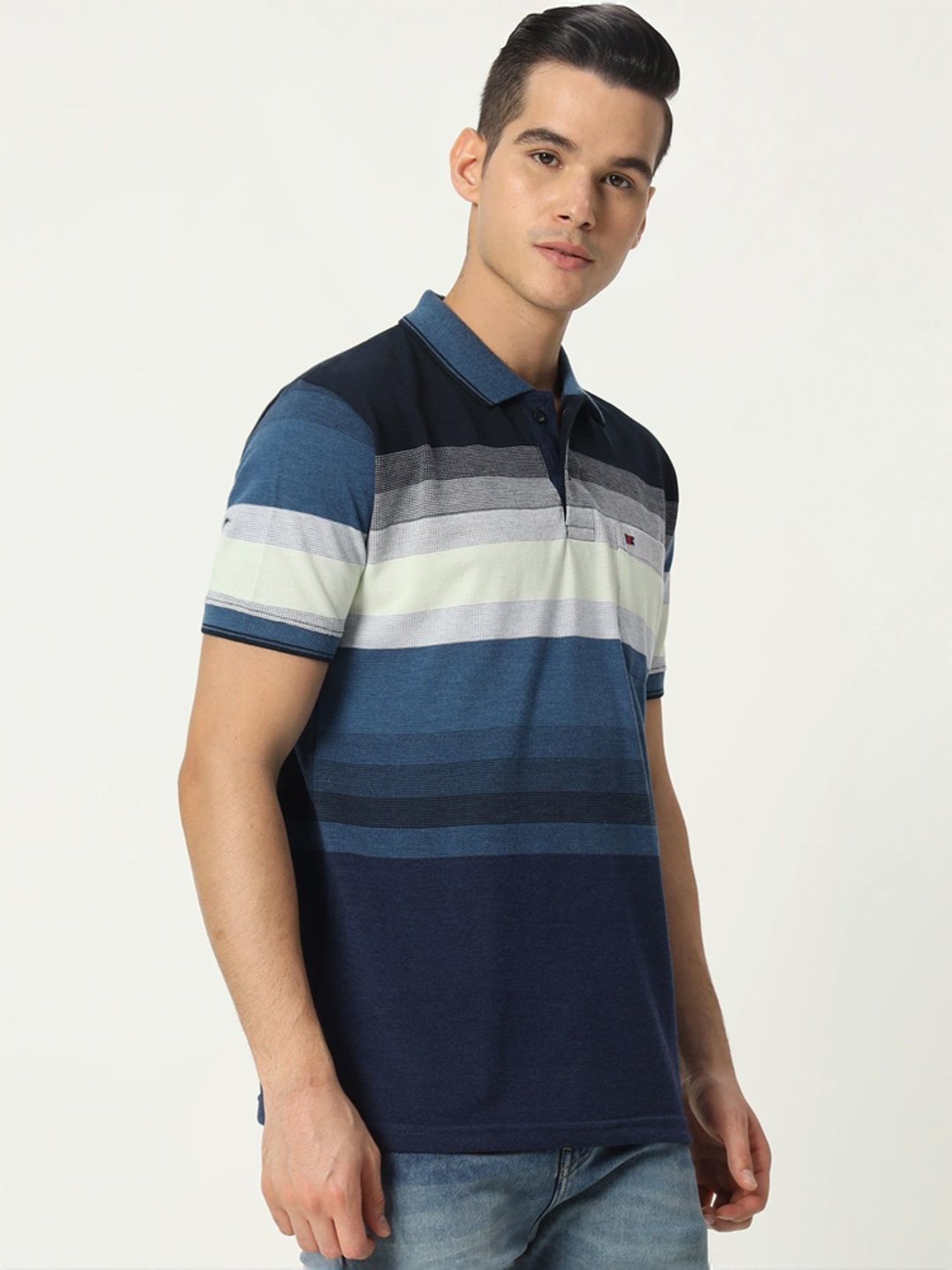 Tab91 Blue Regular Fit Striped Polo T-Shirts
