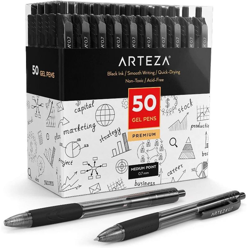 Arteza Retractable Gel Ink Pens Set, Black - Doodle, Draw, Journal - 50 Pack (ARTZ-9220)