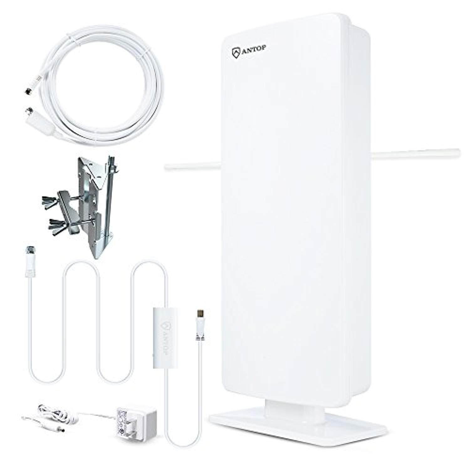 Outdoor HDTV Antenna-ANTOP 400-BV Flat Panel Amplified Antenna with Noise-Free 4G Filter for VHF Enhanced, 70 Miles Multi-Directional Reception Range, 39ft Detachable Coaxial Cable, Waterproof