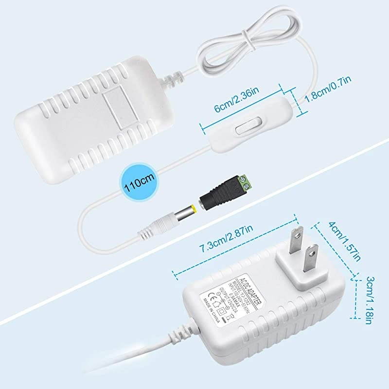 2A 24W LED Strip Power Supply with On and Off Switch, AC/DC Switching Power Adapter, 100-240V to Wall Wart Transformer for LED Strip Light 5.5/2.1 DC Female Barrel Connector to Screw Adapter