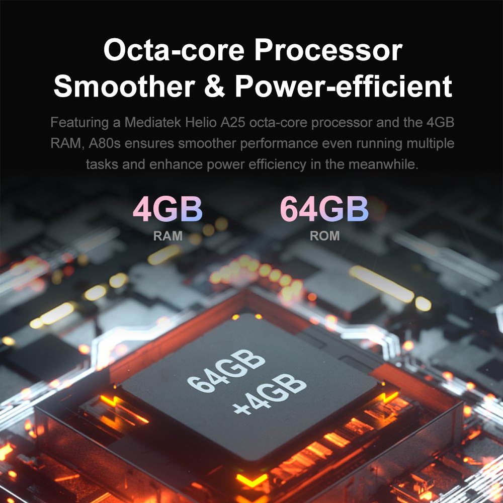 telefono Inteligente A80s Helio A25, Android 10, 4GB de RAM, 64GB de ROM, camara cuadruple de 13MP, 4200mAh, Pantalla antigotas de 6,2", 4G