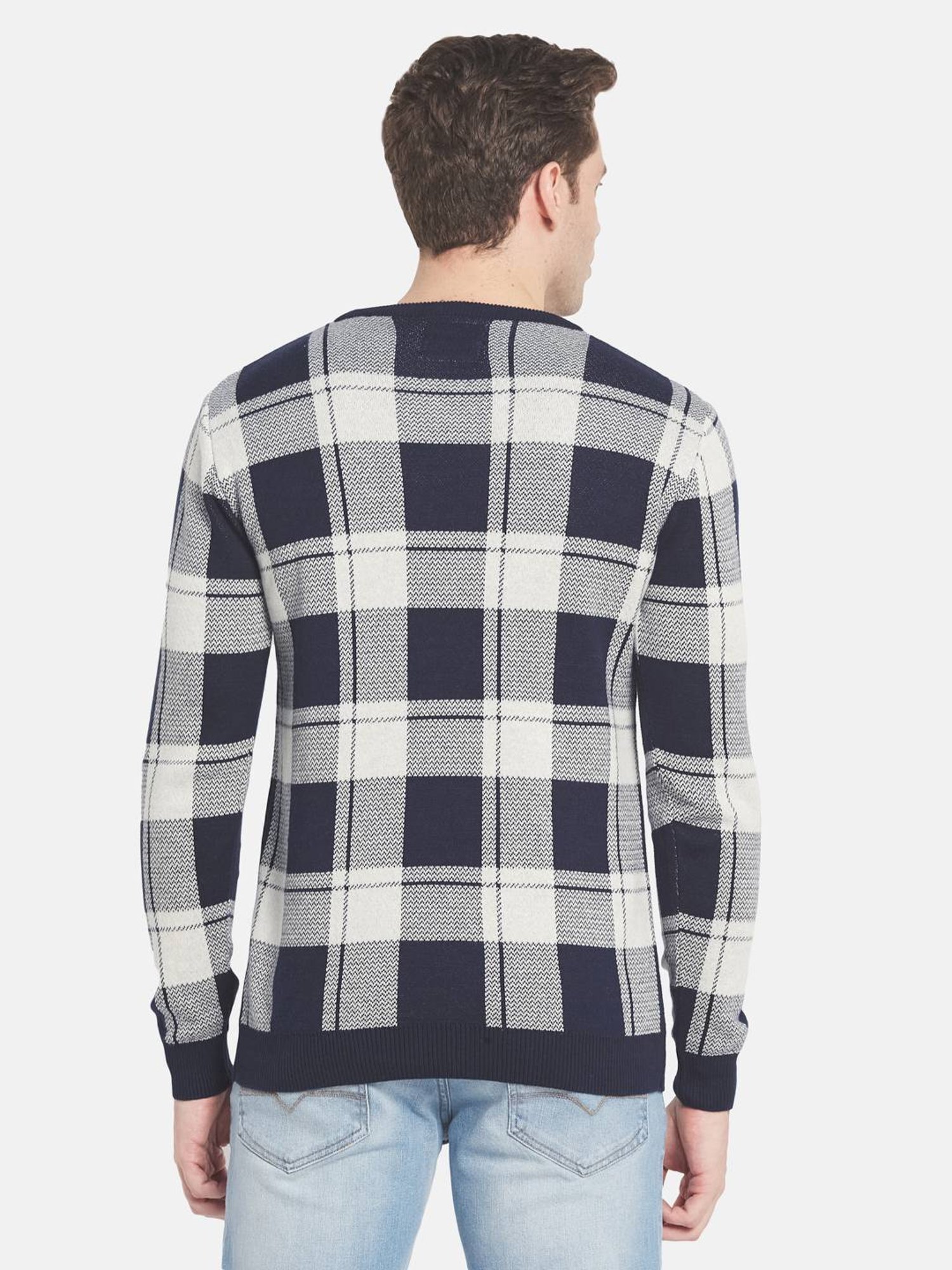 Mettle White & Navy Cotton Regular Fit Checks Sweater