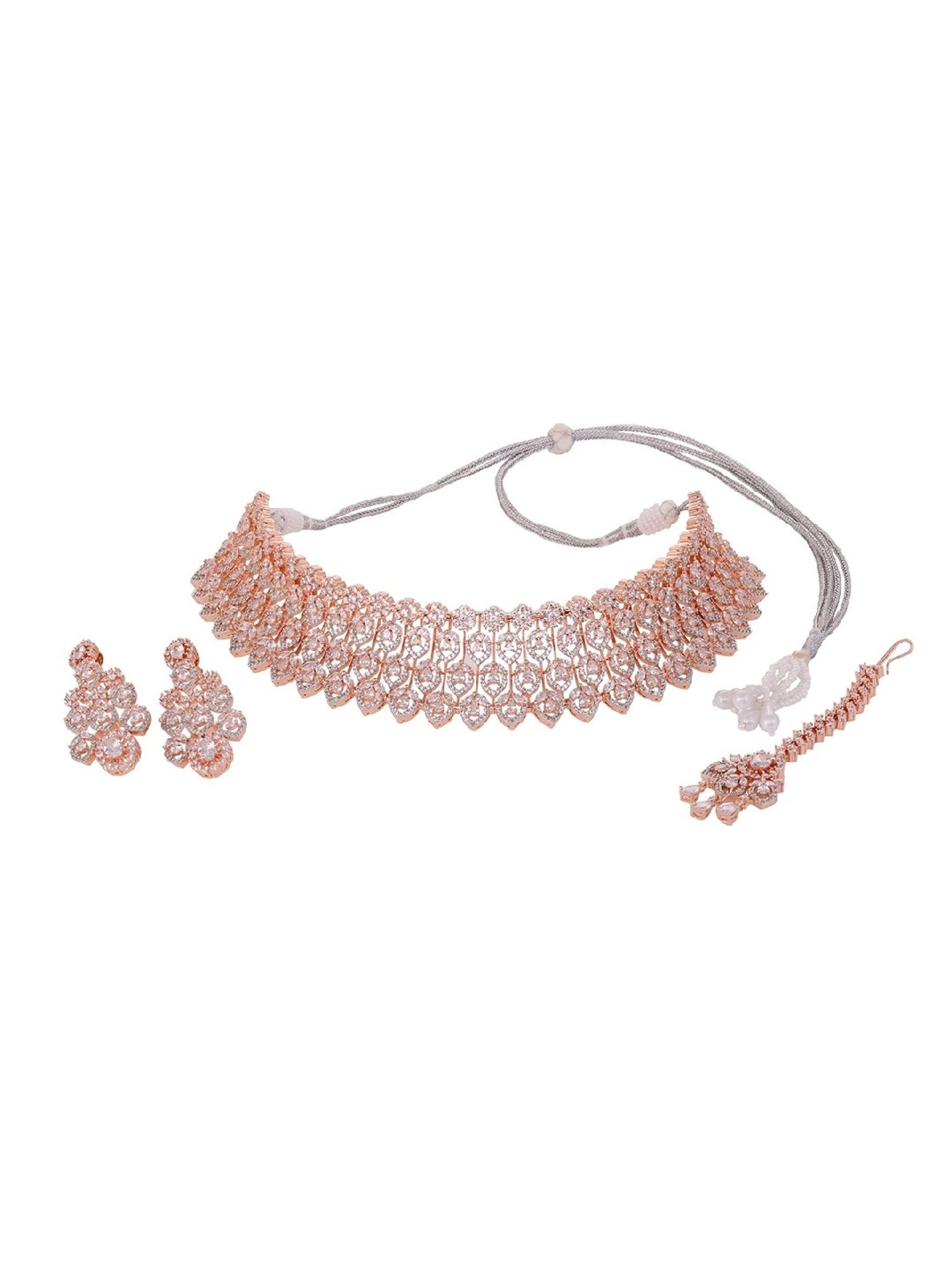 Saraf RS Jewellery Rose Gold Plated White AD Choker with mang Tika jewellery Set