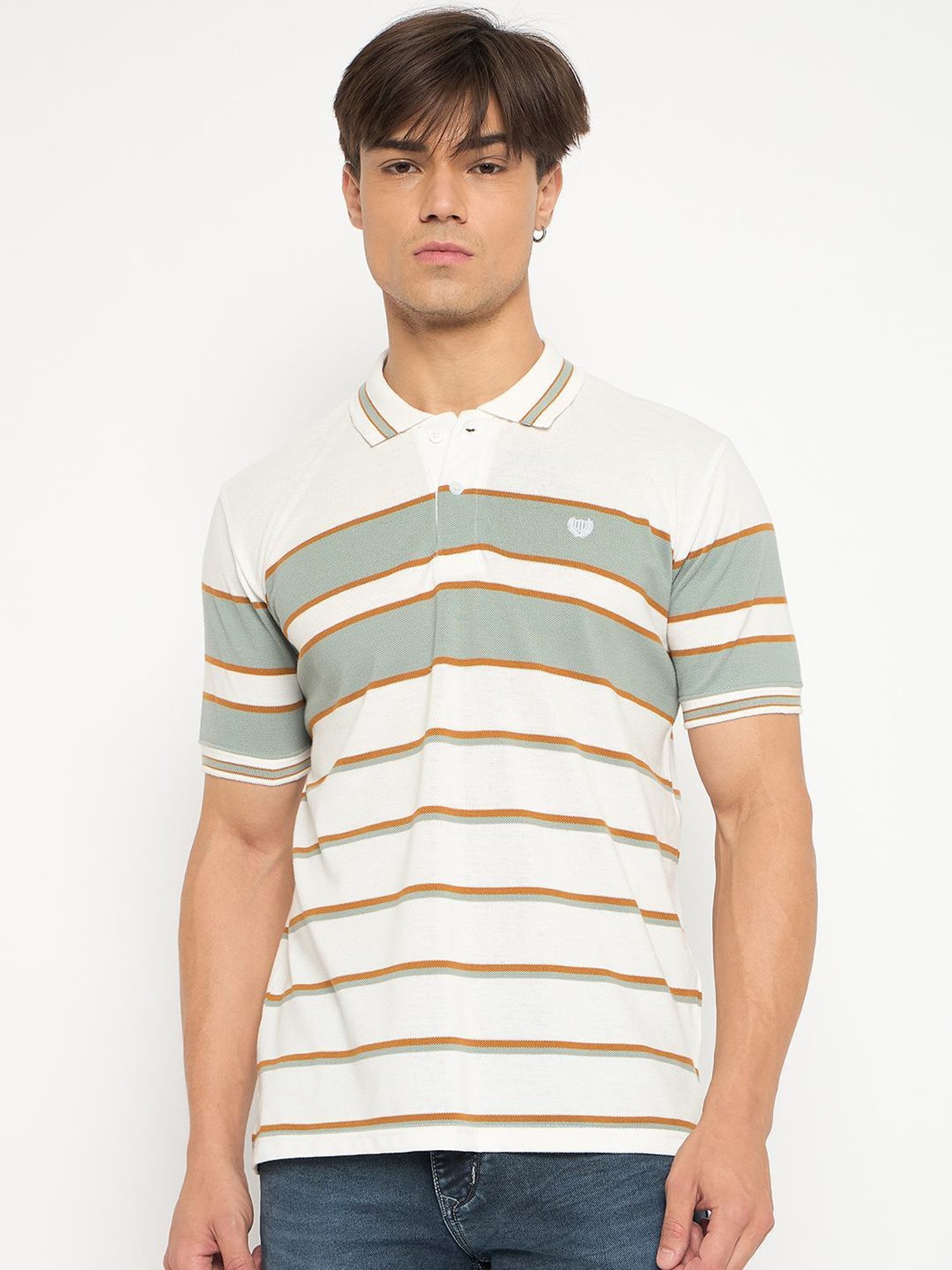 Duke White & Green Slim Fit Striped Polo T-Shirt