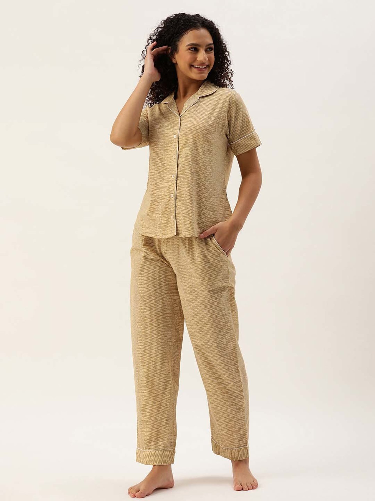 Amukti Beige Printed Shirt With Lounge Pants