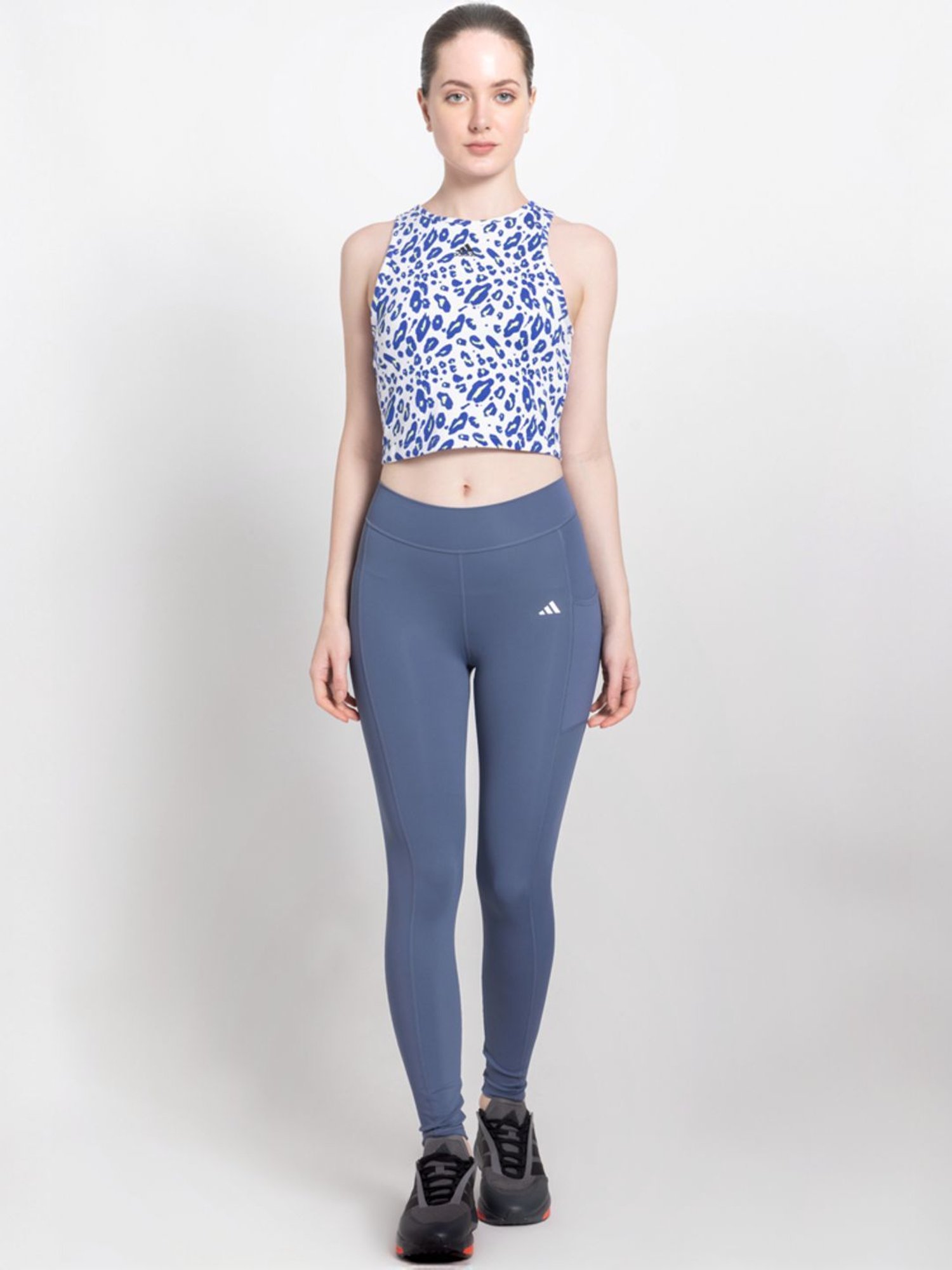 adidas White & Blue Cotton Printed Sports Crop Top