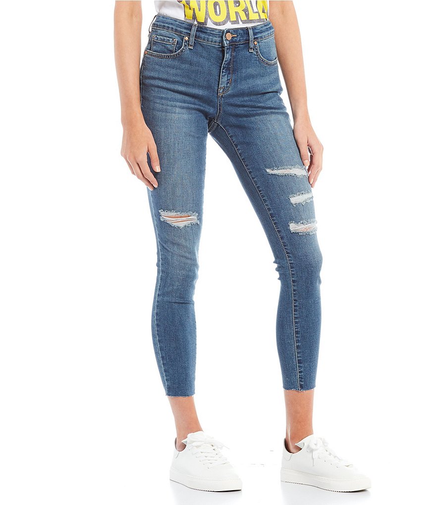 Frayed Mid Rise Ankle Skinny Jeans