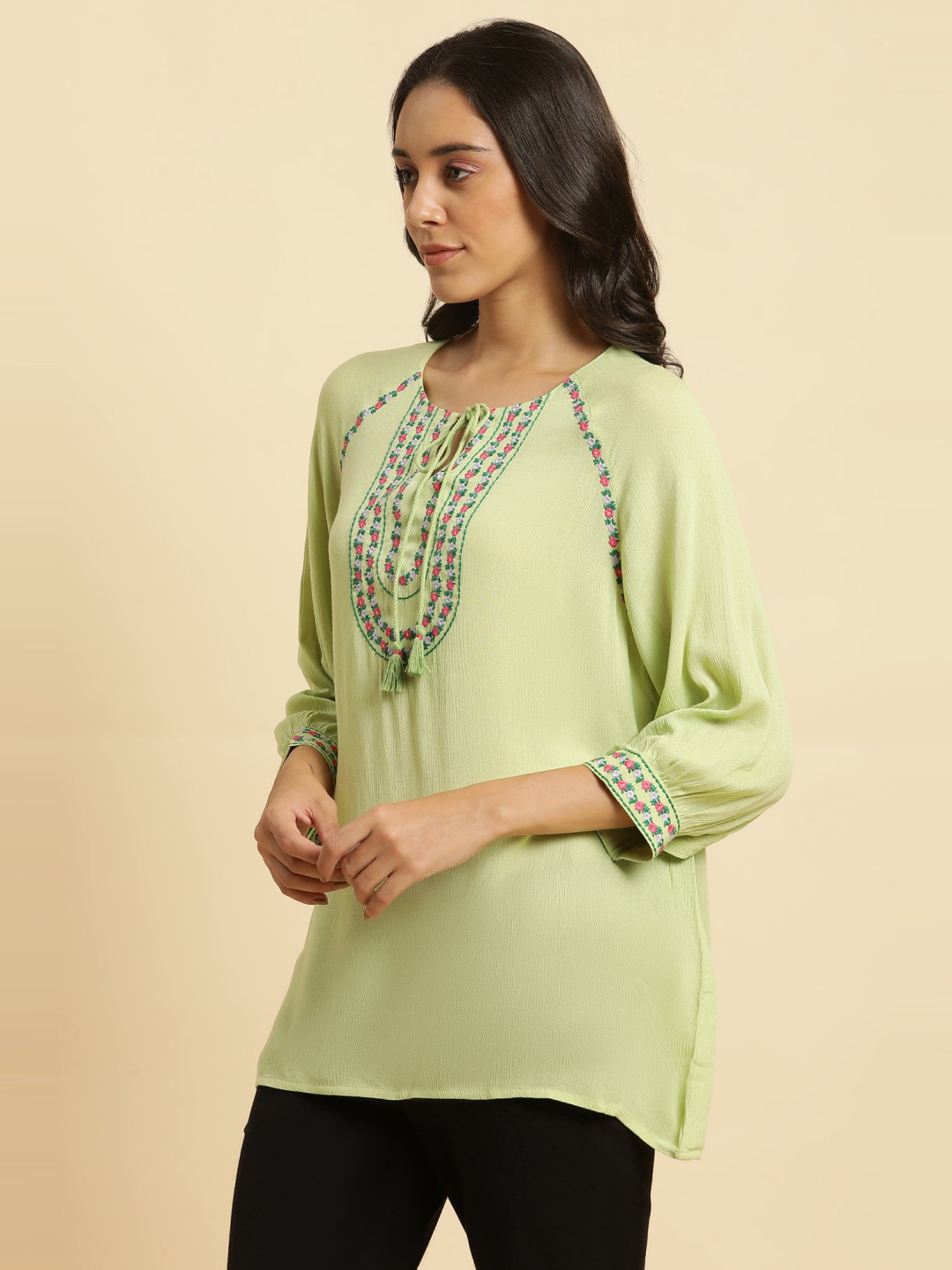 W Green Embroidered Top