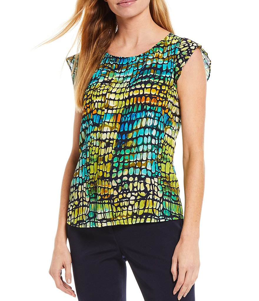 Tahari ASL Animal Print Georgette Jewel Neck Cap Sleeve Pleat Blouse