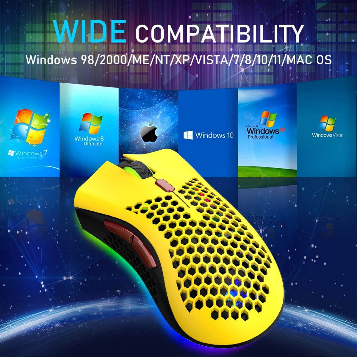 Gaming Mice Wireless Lightweight Gaming Mouse Honeycomb with 7 Button Multi RGB Backlit Perforated Ergonomic Shell Optical Sensor Adjustable DPI Rechargeable 800mAh Battery USB Receiver for PC Laptop