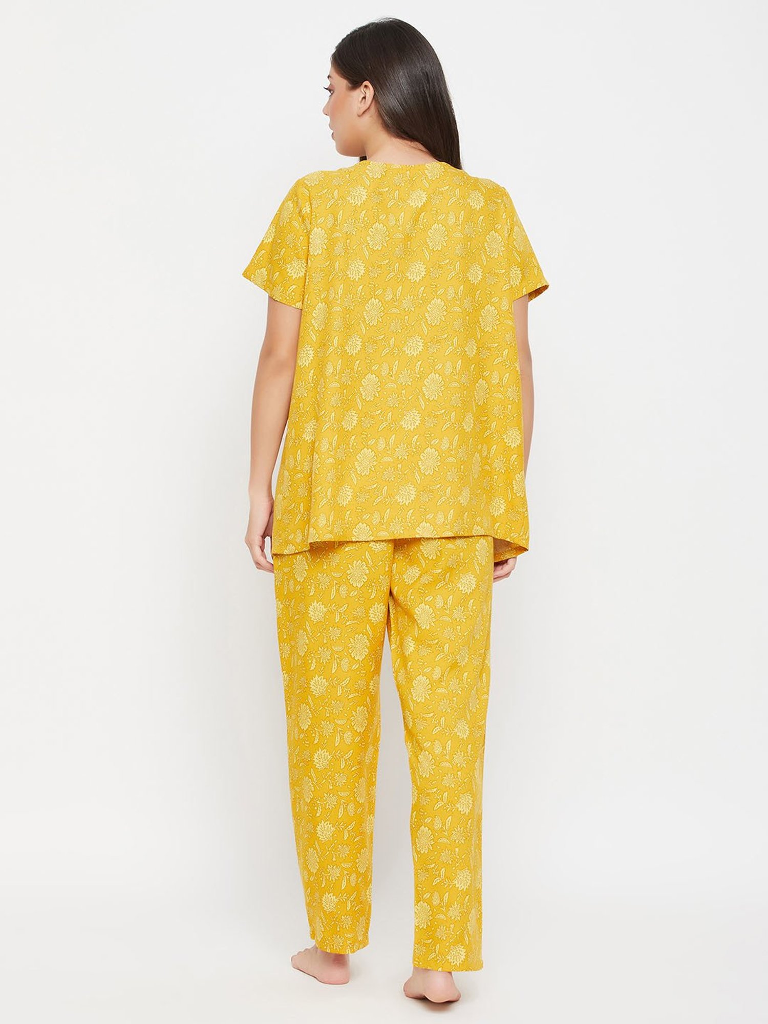 Clovia Yellow Floral Print Maternity Top With Pyjamas