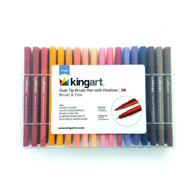 Kingart 36ct Dual Tip Brush Pens w/Fineliner - Studio level