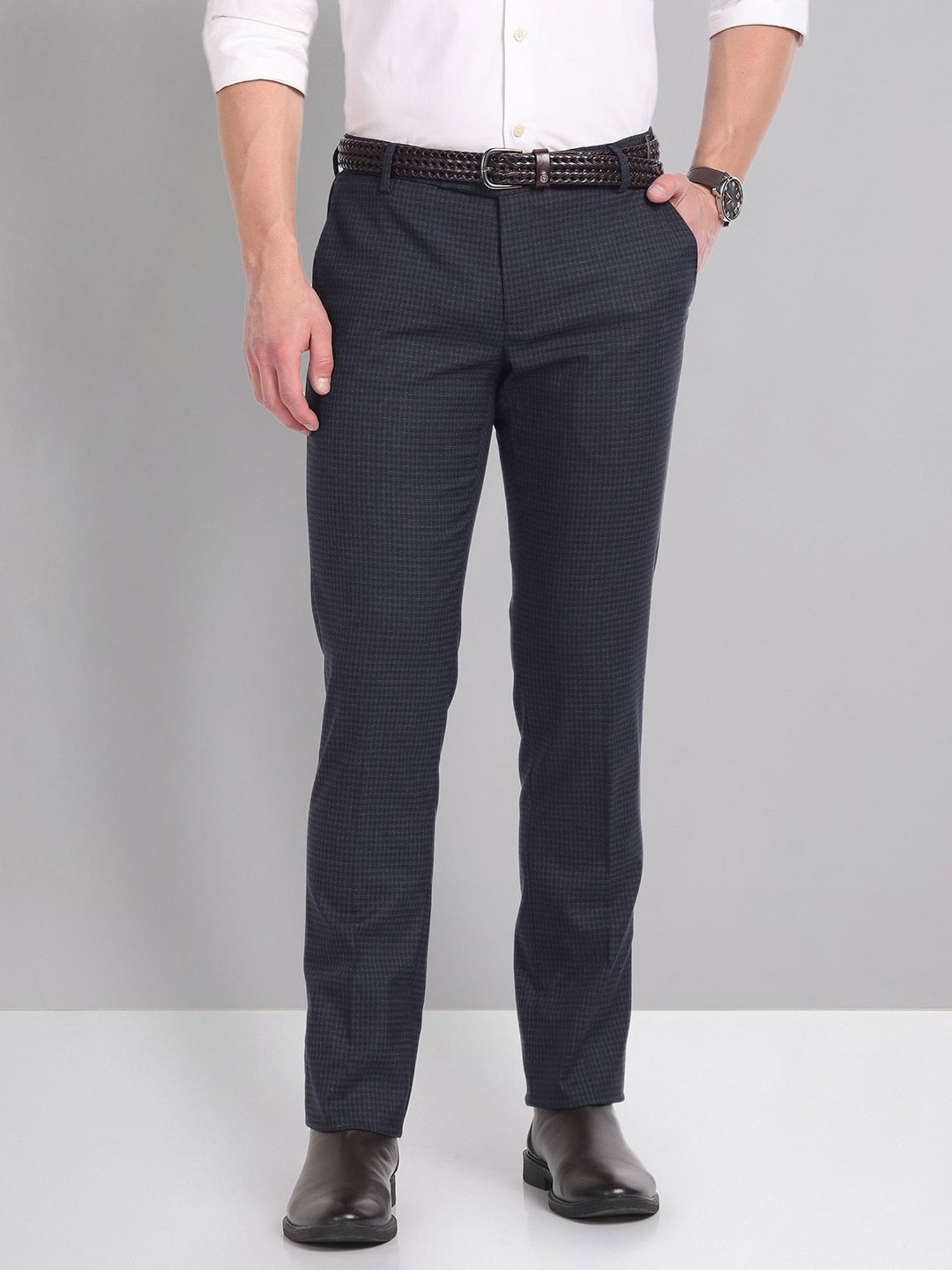 AD by Arvind Blue Slim Fit Flat Front Trousers