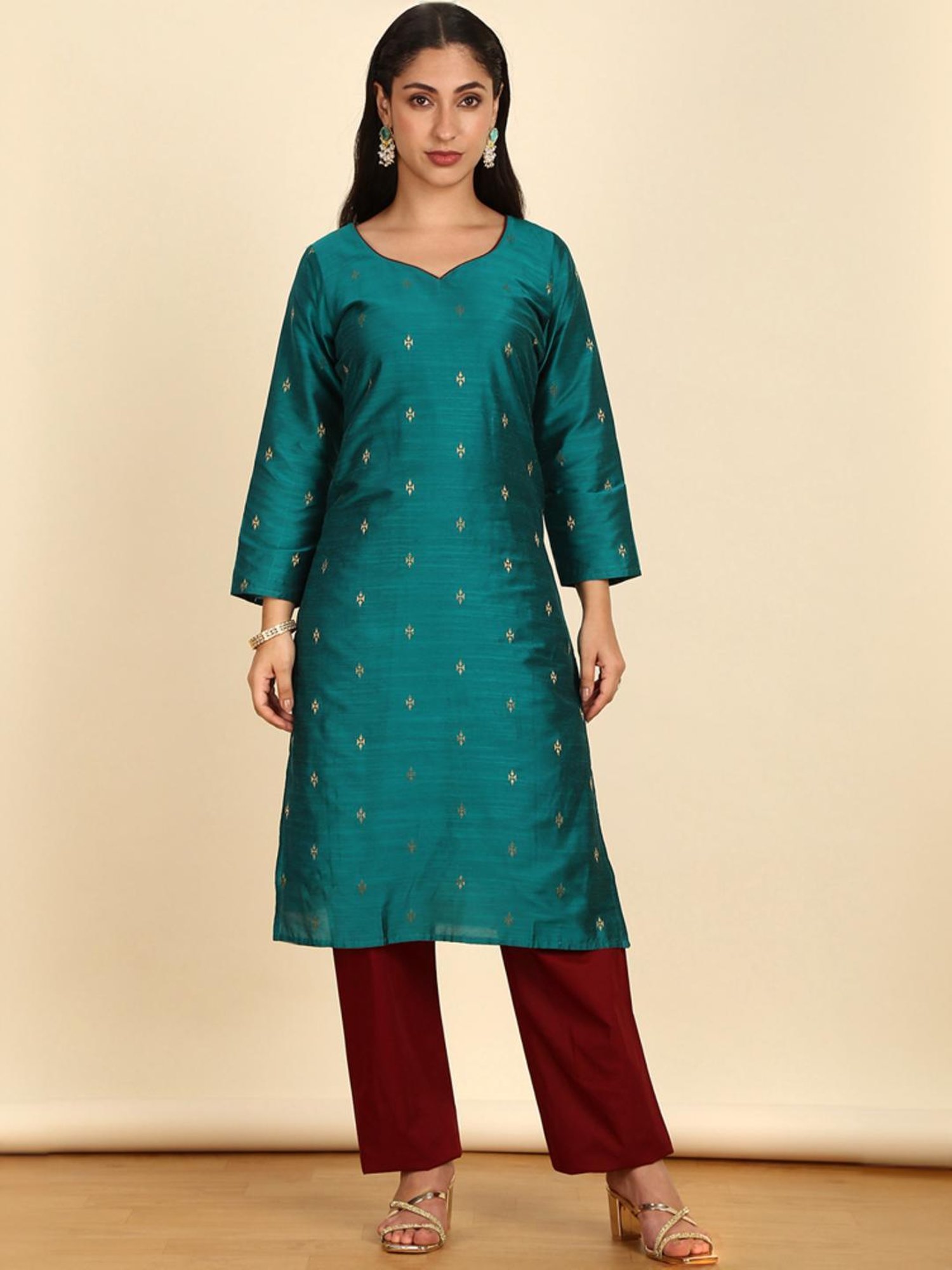 Soch Womens Teal Silk Blend Zari Woven Unstitch Dress Material
