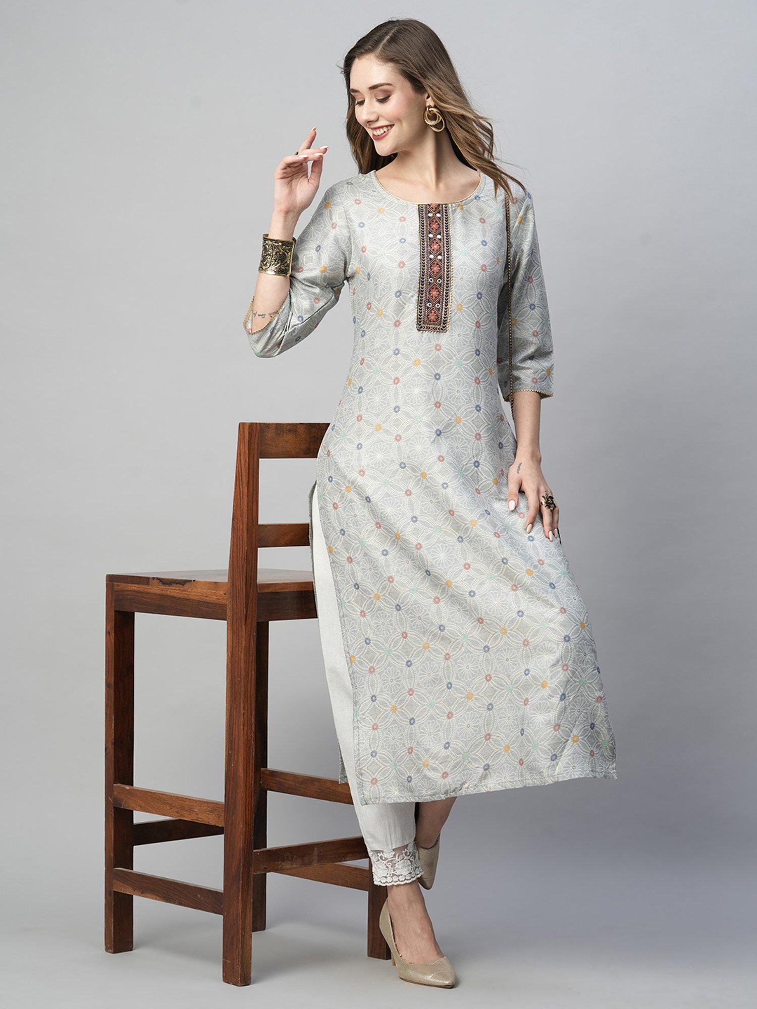 KIANA Grey Printed Straight Kurta