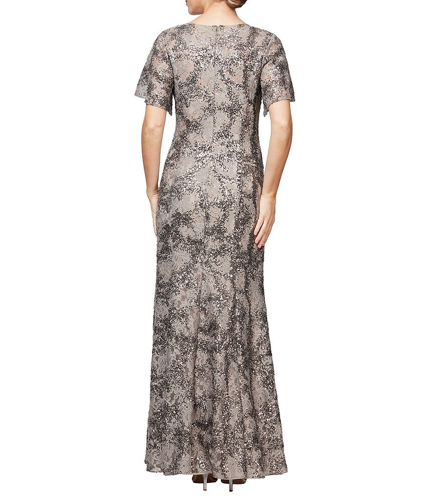 Alex Evenings V-Neck Flutter Sleeve Sequin Lace Gown