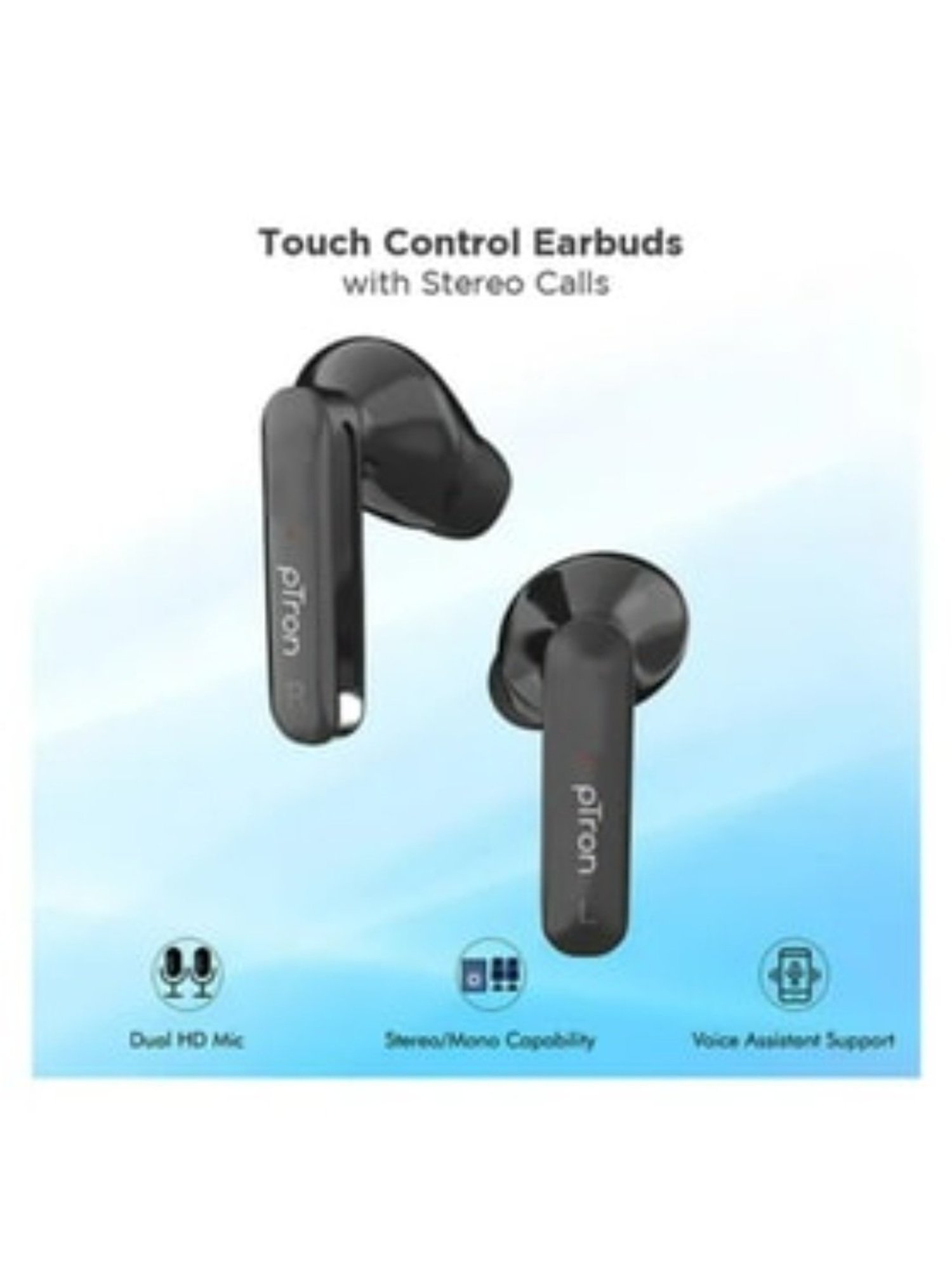 PTron Bassbuds Duo Bluetooth 5.1 Wireless Earbuds Stereo Audio Touch Control (Black)