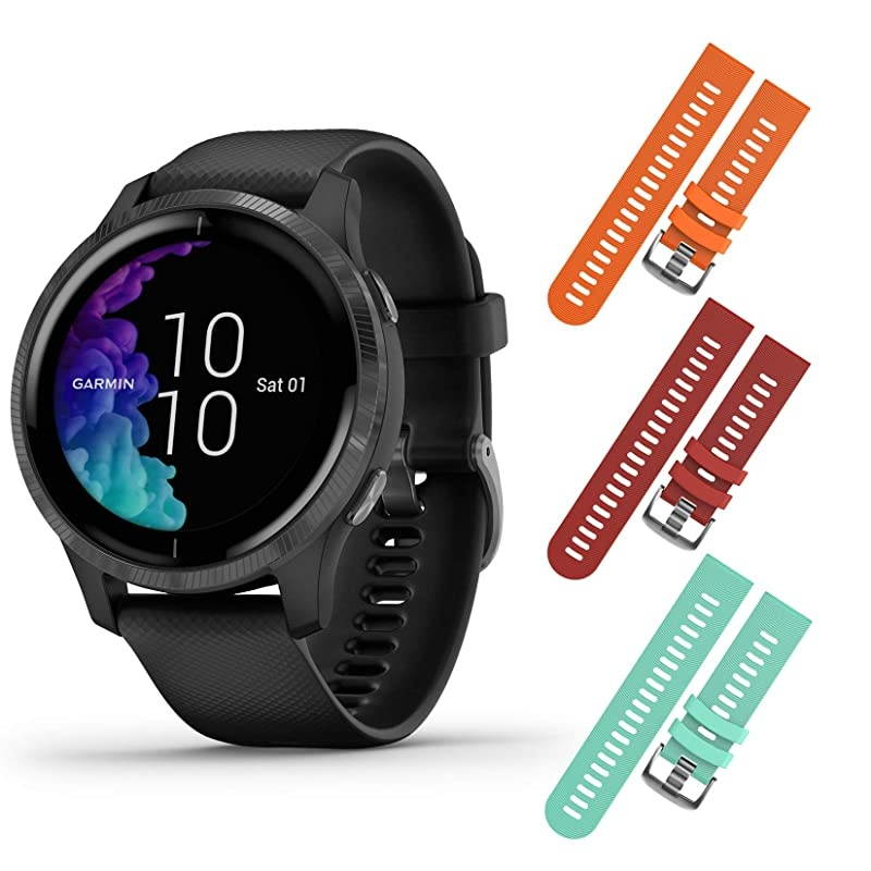 Garmin Venu GPS Smartwatch with AMOLED Display and Included  3 Straps Bundle (Black/Gold, Berry/Pink/White)