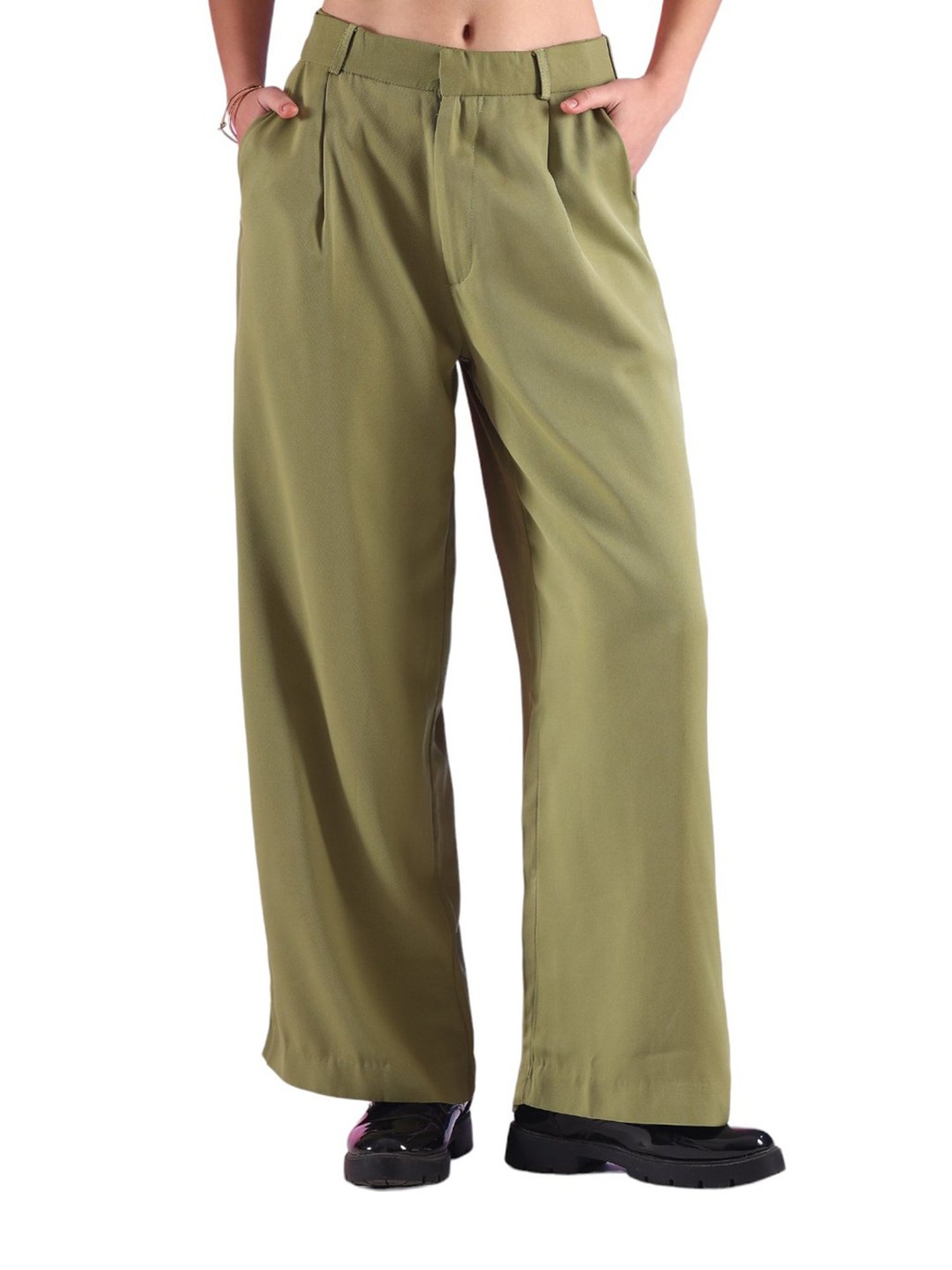 FITHUB Green Regular Fit High Rise Trousers