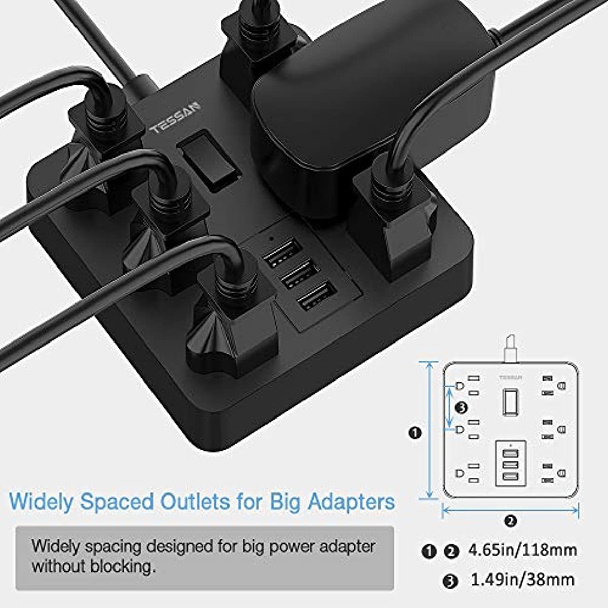 Power Strip with USB, TESSAN Desktop 5 Ft Extension Cord Flat Plug with 6 Widely Spaced Outlets, Built-in 1700J Surge Protector for Home and Office Accessories, Black