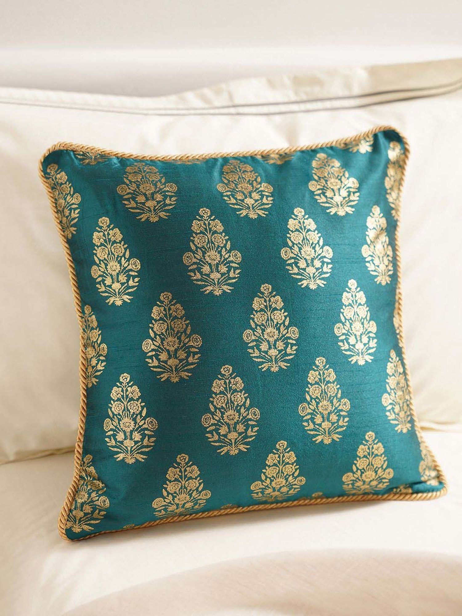 Pure Home and Living Teal Poly Dupion Foil Print Cushion Cover With Satin Twisted Dori