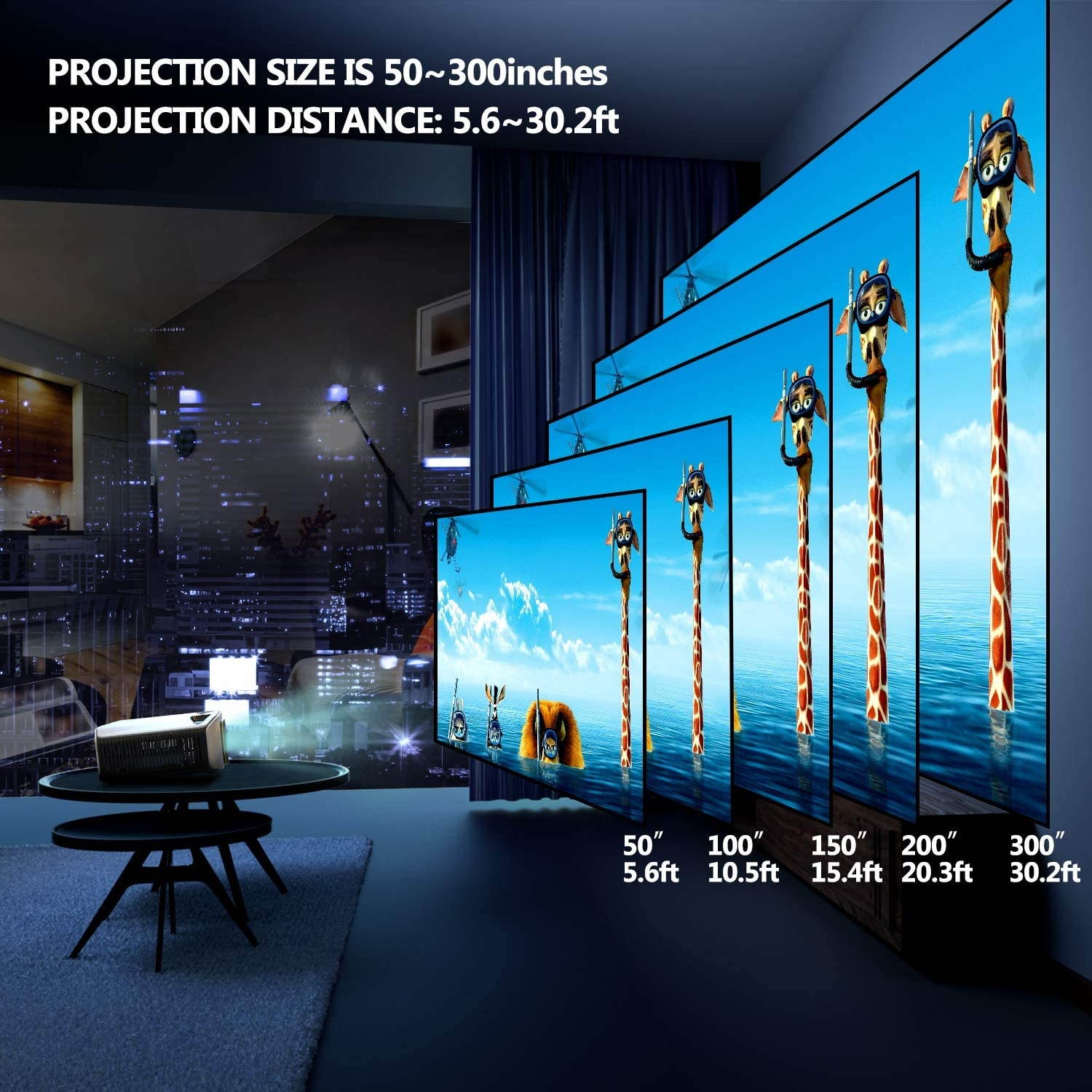 GooDee YG620 Portable Outdoor Movie Projector, Native 1080P Home Theater Video Projector, Full HD LCD 300 Inch, contrast 7000:1 with 100,000 Hrs Lamp Life, Compatible with PC, PS4, TV Stick, HDMI,