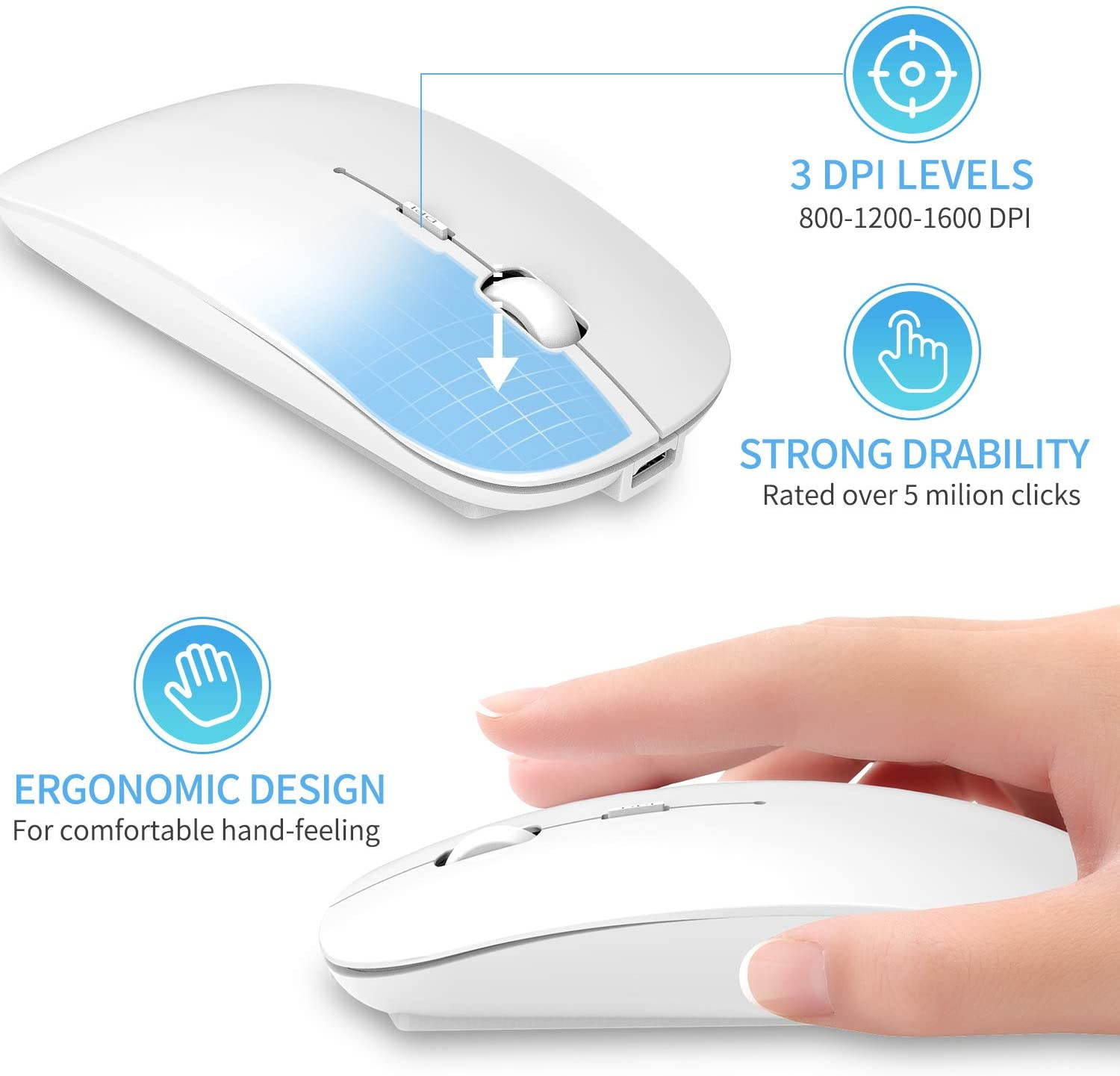 2.4GHz Wireless Bluetooth Mouse, 3 Adjustable DPI, Dual Mode Slim Rechargeable Wireless Mouse Silent USB Mice,Compatible for Laptop Windows Mac Android MAC PC Computer (Silver)