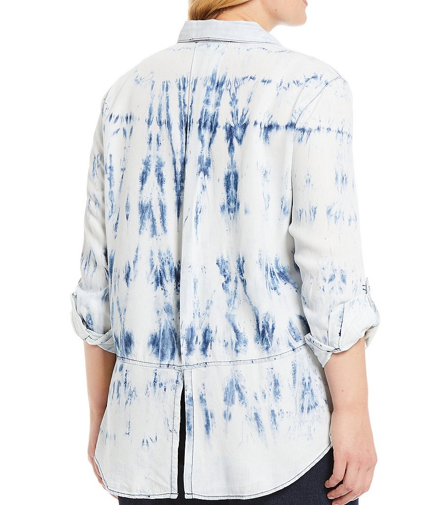 Multiples Plus Size Tie Dye Denim Point Collar Neck Roll-Tab Long Sleeve Button Down Hi-Low Shirt