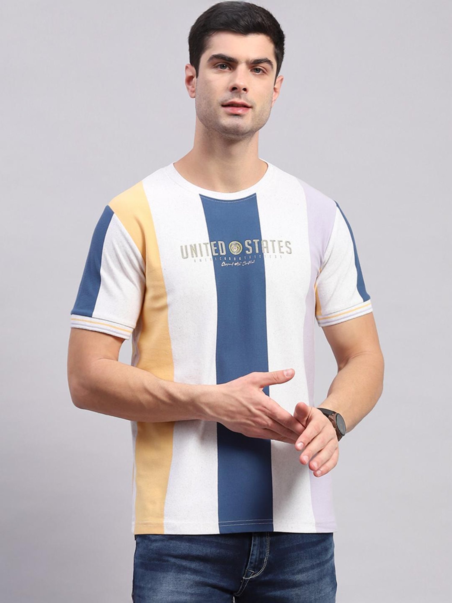 Monte Carlo Ecru & Blue Regular Fit Striped T-Shirt