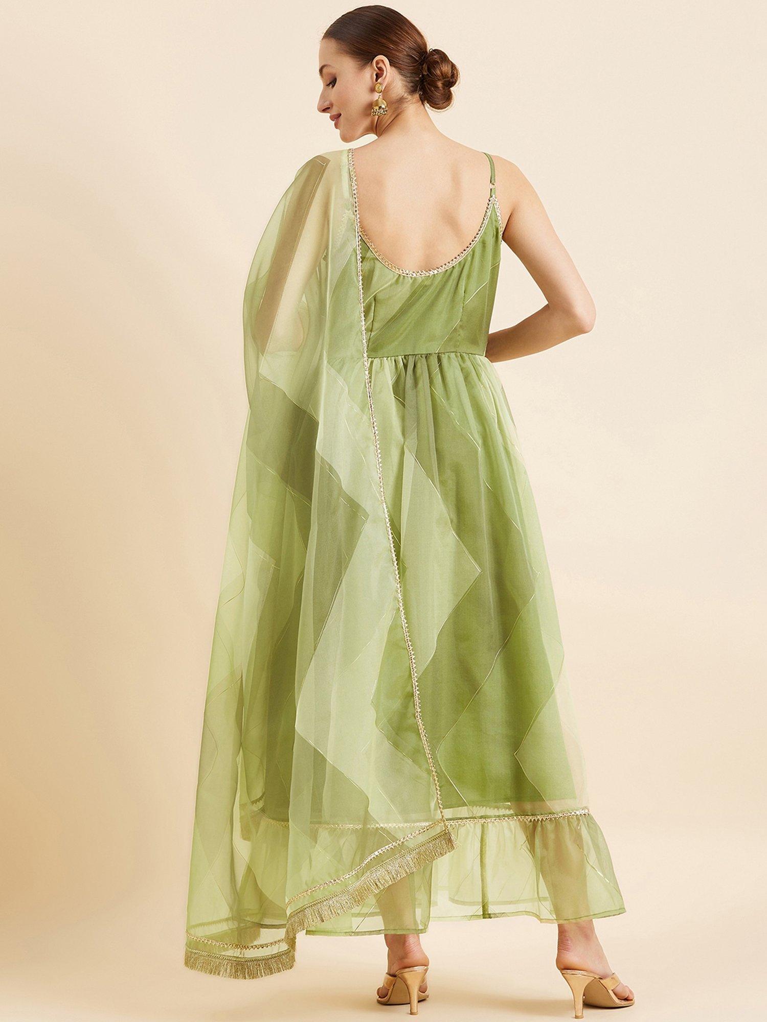 PANIT Green Printed Ethnic Dress With Dupatta