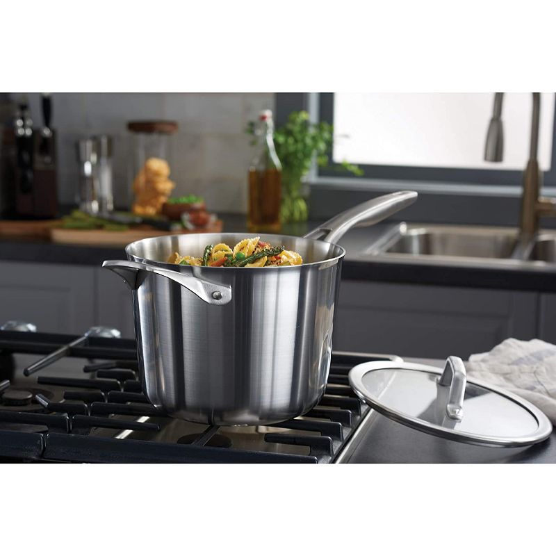 Calphalon Premier 4.5 Quart Stainless Steel Metal Dishwasher Safe Saucepan Kitchen Cookware with Lid and Stay Cool Handle, Silver