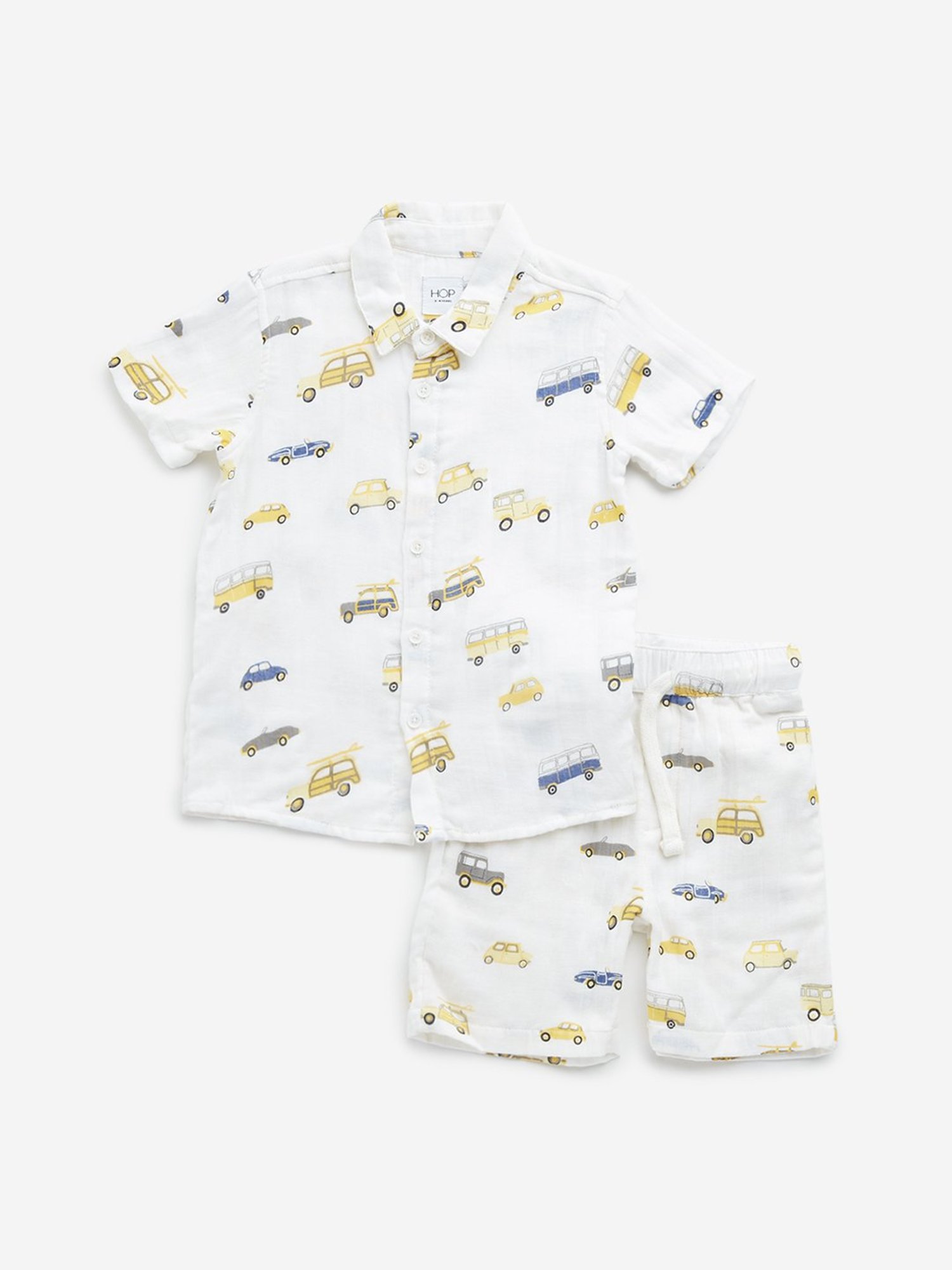 HOP Kids by Westside Off-White Vehicle Print  Shirt & Mid-Rise Shorts