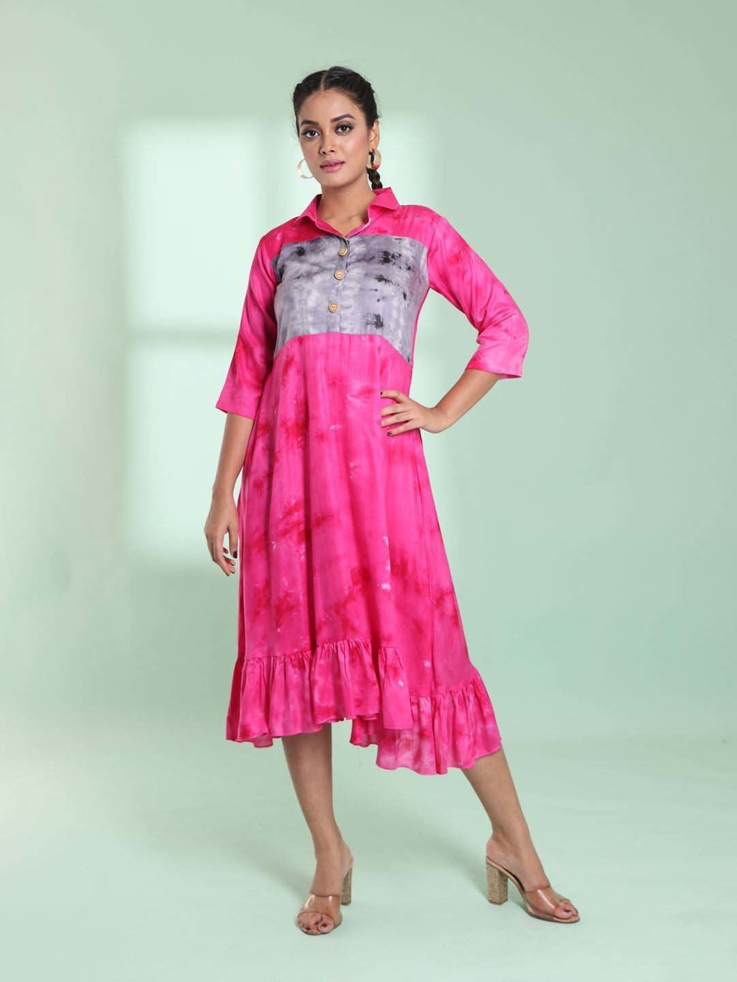 CHARUKRITI Pink & Grey Printed A-Line Dress