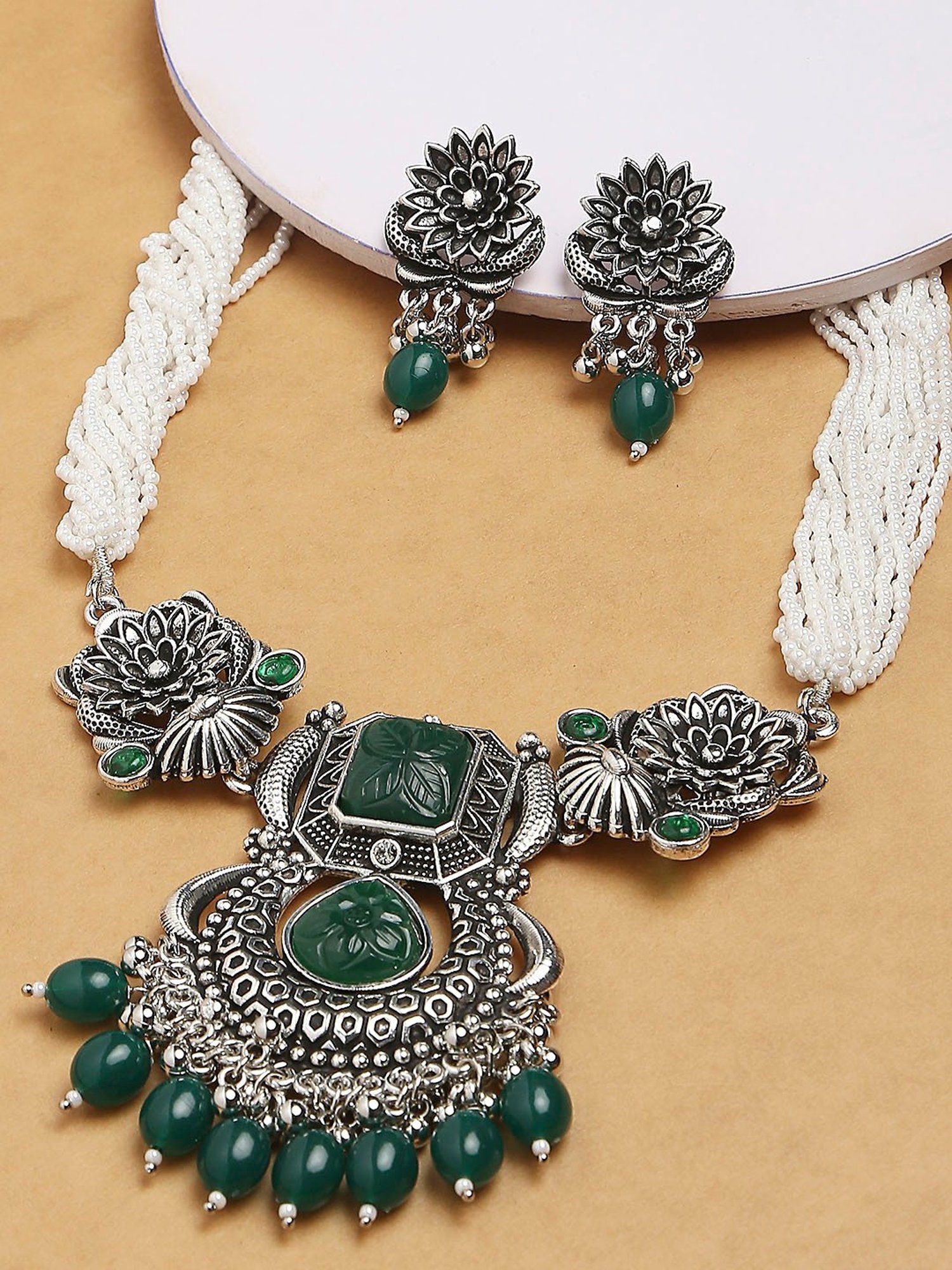 OOMPH Oxidized Silver Tone Green Jaipur Stones Ethnic Necklace Set with Drop Earrings