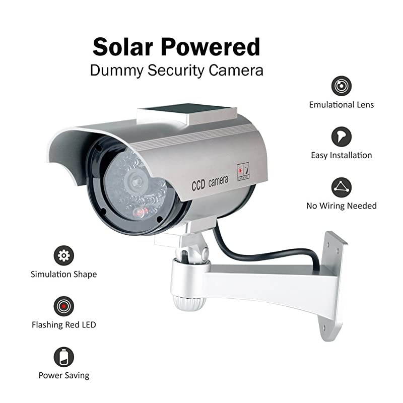 Dummy Fake Security Camera Solar Powered Fake Surveillance Camera with Flash LED Dummy Bullet Simulated CCTV CameraIndoor Outdoor Use Good for HomeOfficeShop Garage Silver Color