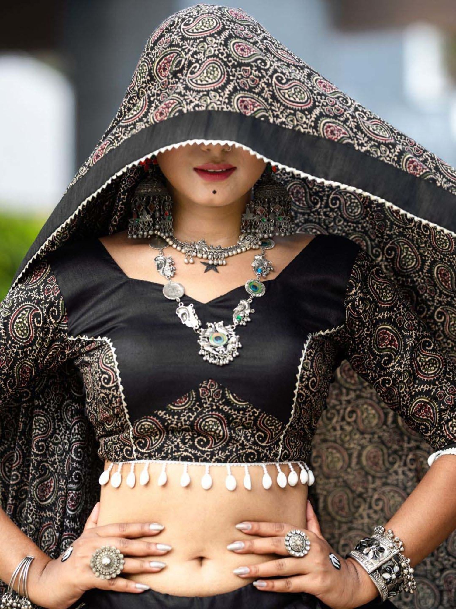 Odette Black Cotton Printed Lehenga Choli Set With Dupatta