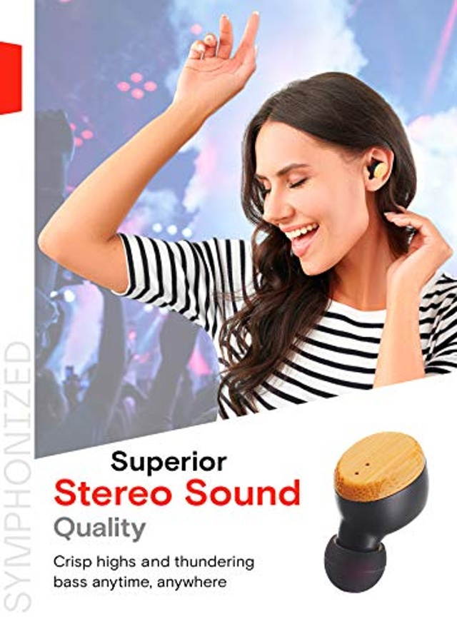 Symphonized SNRGY - True Wireless Wood Earbuds Headphones with Charging Case, Comfortable Cordless Earphones for Music 25-Hour Listening Time Bluetooth 5.0 Headphones Portable Headset with in-Ear Mic