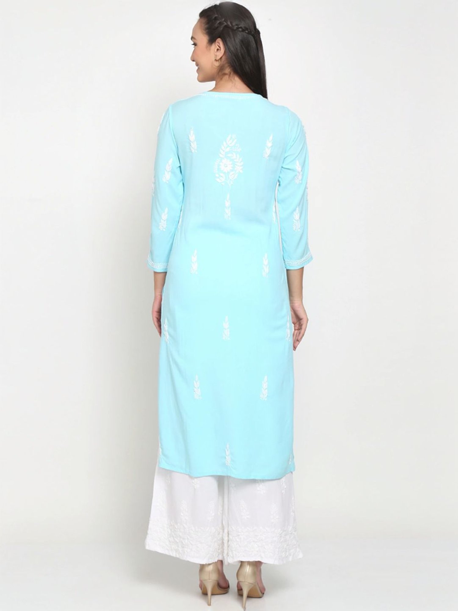 PARAMOUNT CHIKAN Aqua Blue Hand Embroidered Chikankari Straight Kurta