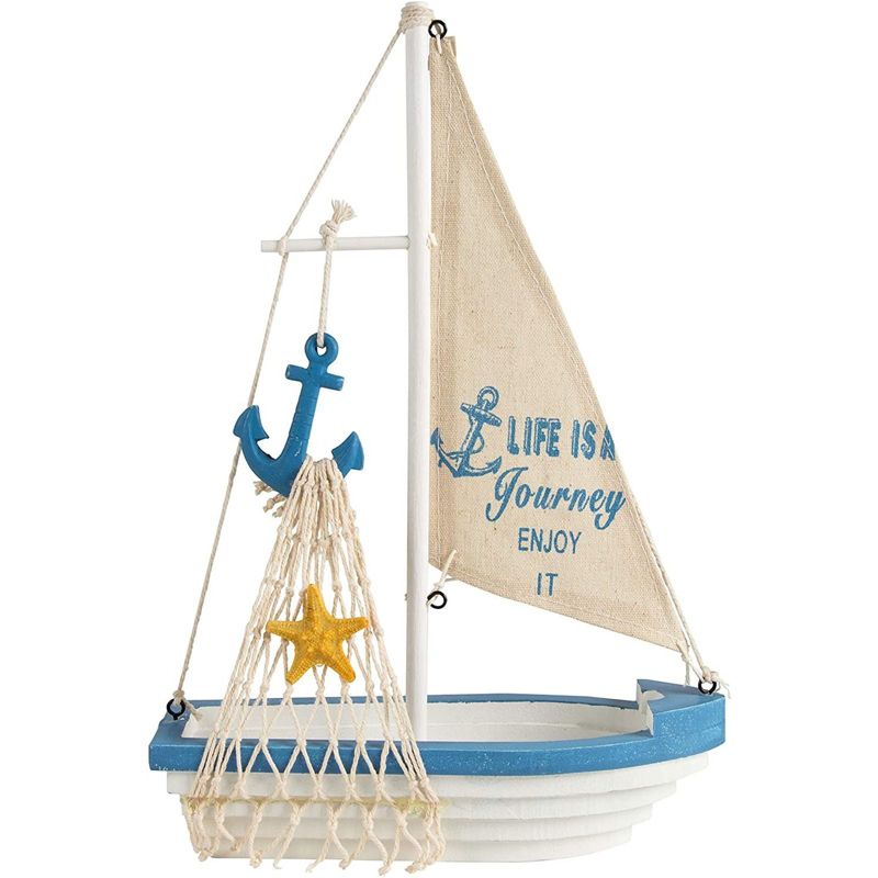 Juvale Wooden Sailing Boat Home Decor, Beach Nautical Design Sailboat with Anchor, 12.5 x 8.25 x 3 In