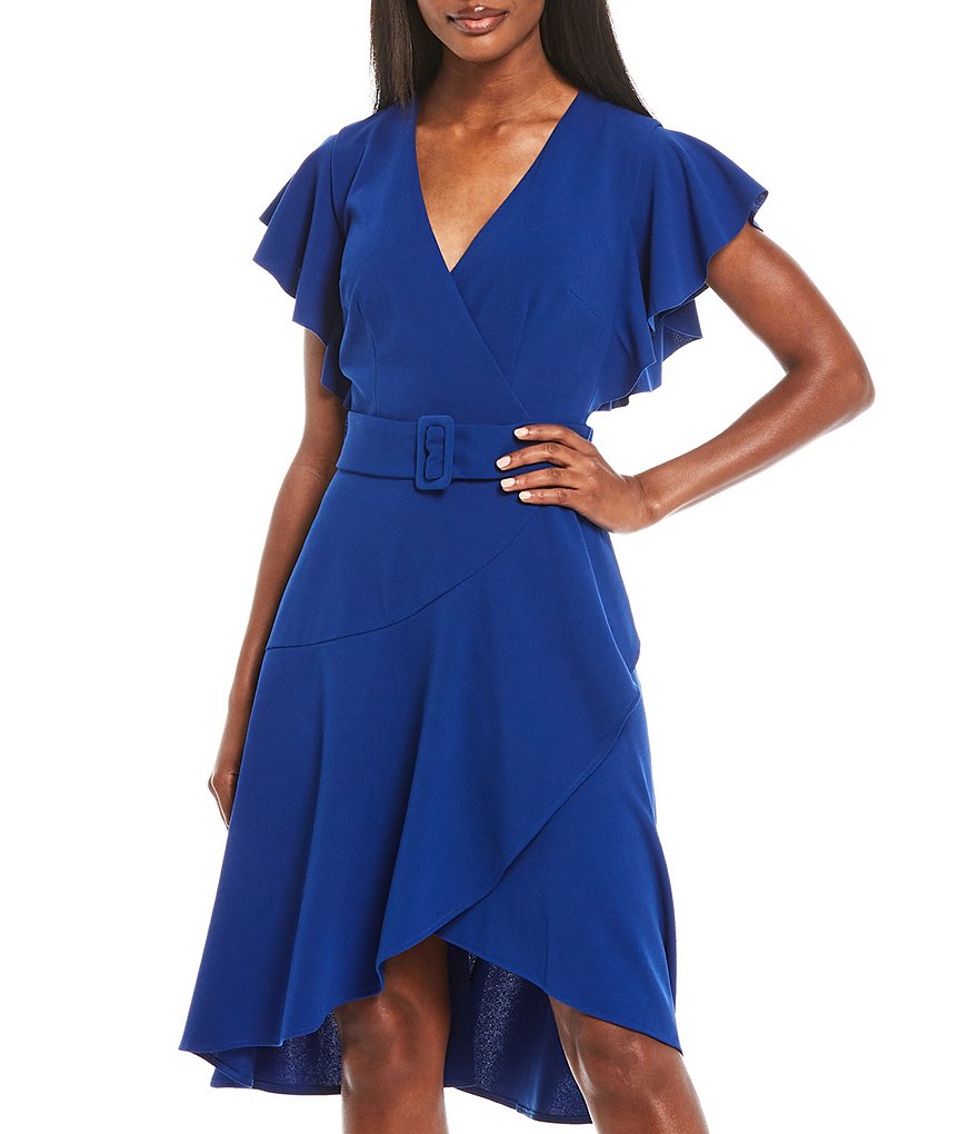 Donna Morgan Knitted Crepe Asymmetrical Ruffle Dress